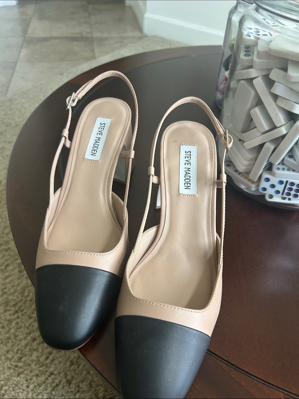 Steve Madden Two-Tone Nude and Black Cap-Toe Slingbacks